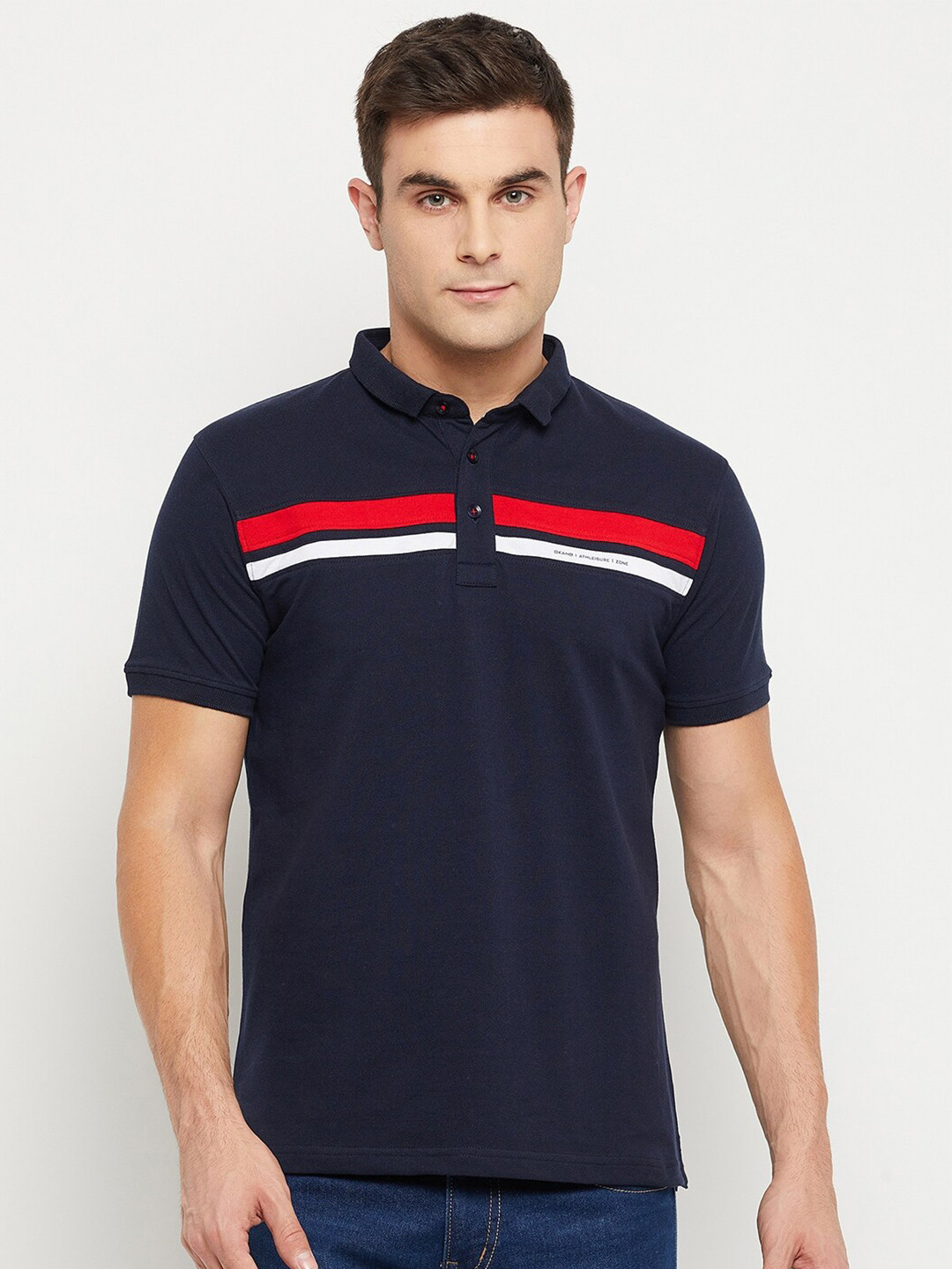 

Okane Men Navy Blue & Red Striped Polo Collar Regular Fit Cotton T-shirt