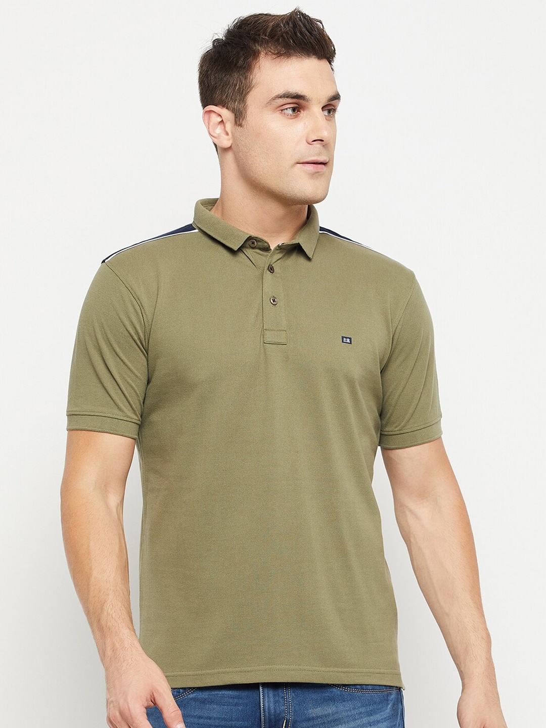 

Okane Men Olive Green Polo Collar Cotton T-shirt