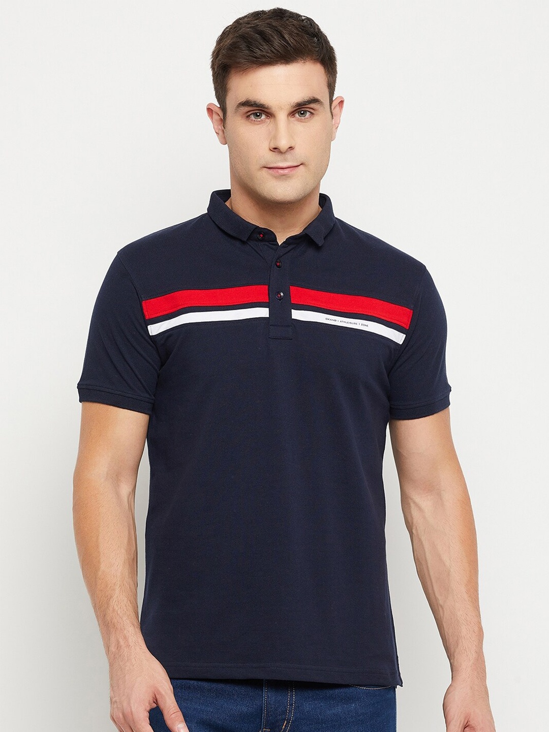 

Okane Men Navy Blue Striped Regular Fit Cotton Polo Collar T-shirt