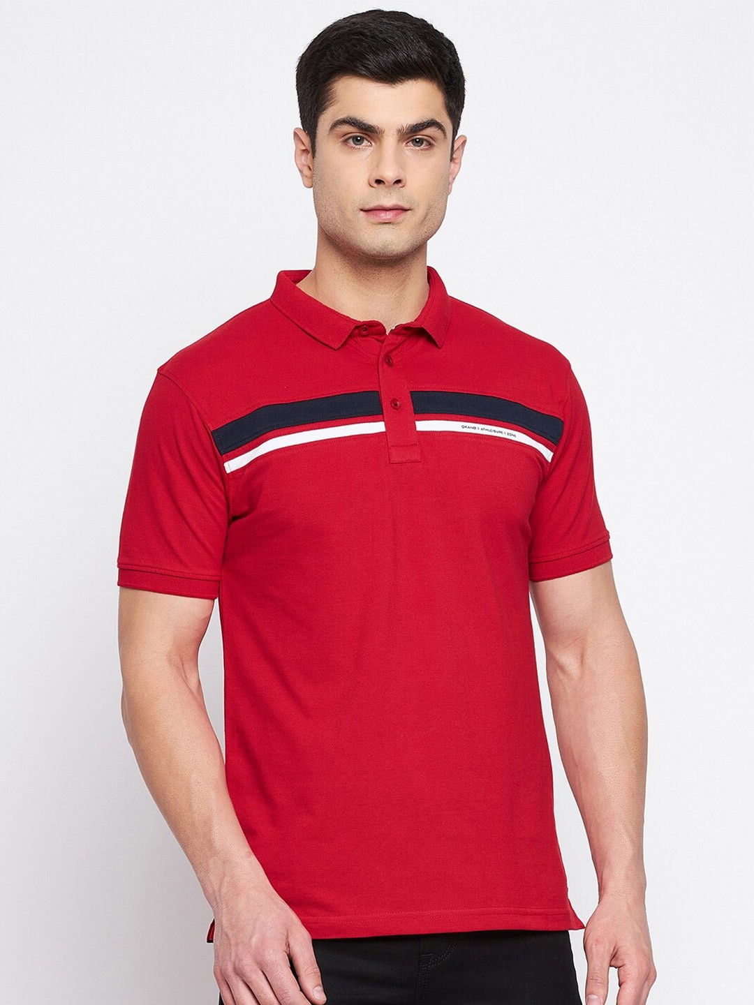 

Okane Men Red Polo Collar Applique Cotton T-shirt