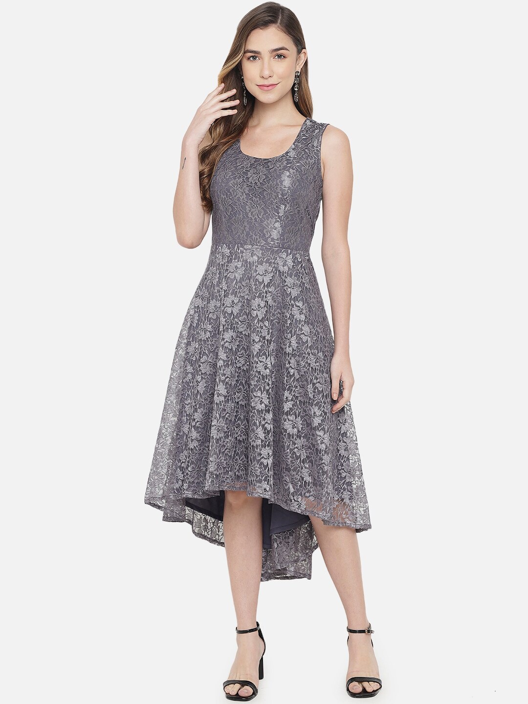 

Just Wow Grey Lace Midi Fit & Flare Dress