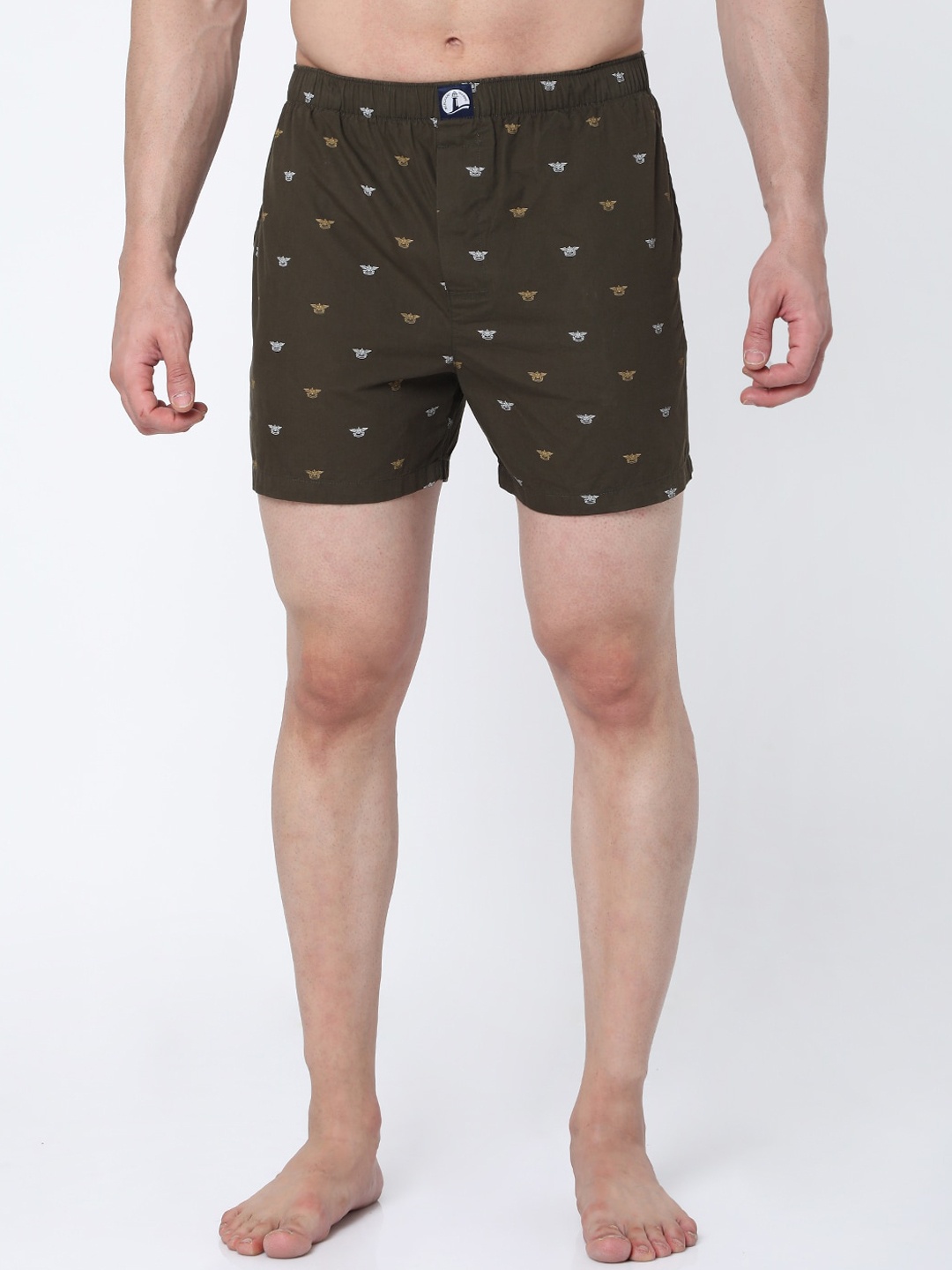 

MERCHANT MARINE Men Olive Brown & White Printed Pure Cotton Boxers