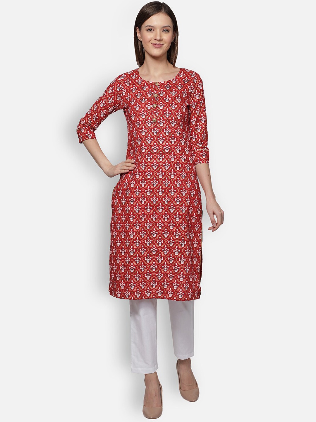 

Dipsha Women Maroon & White Ethnic Motifs Printed Pure Cotton Kurta with Trousers