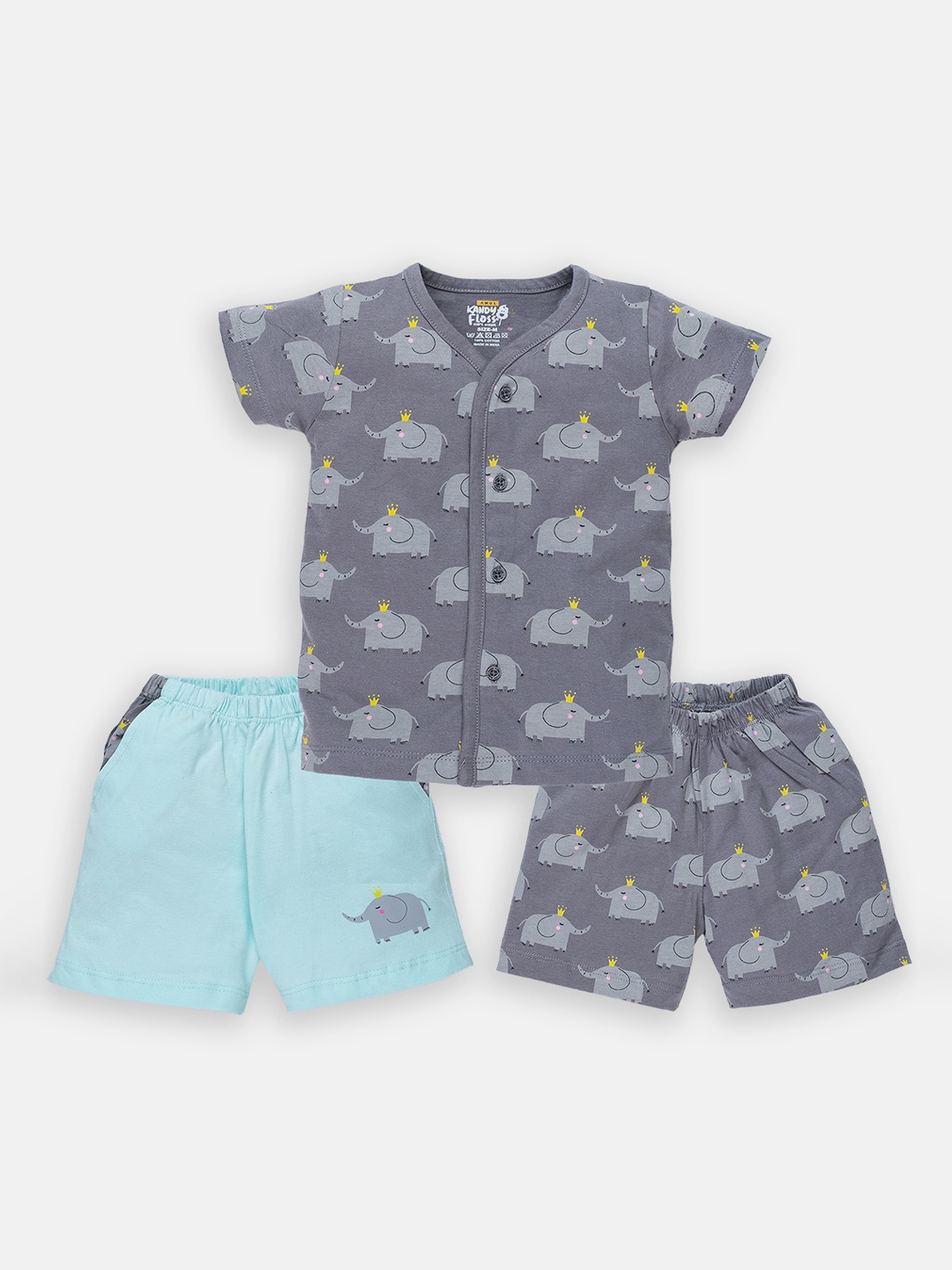 

AMUL Kandyfloss Kids Grey & Blue Printed Cotton Top With 2 Shorts