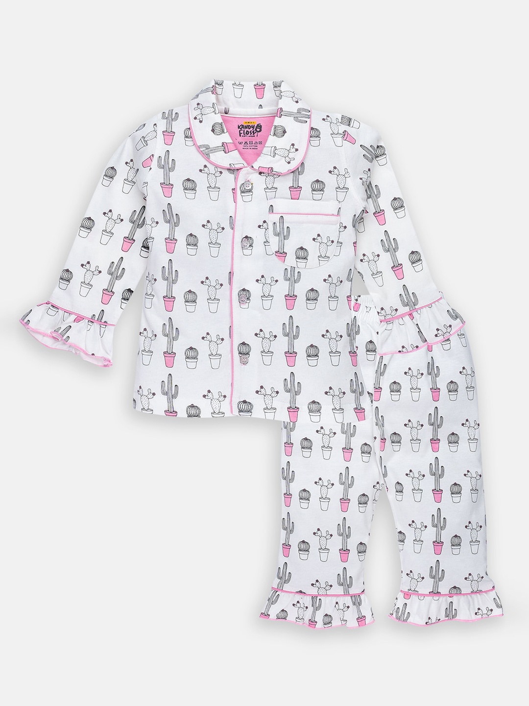 

AMUL Kandyfloss Girls White & Grey Printed Pure Cotton Night suit