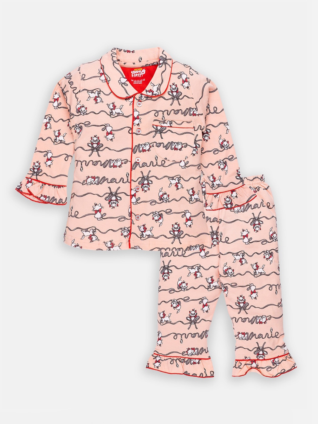 

AMUL Kandyfloss Unisex Kids Peach-Coloured & Black Printed Night suit