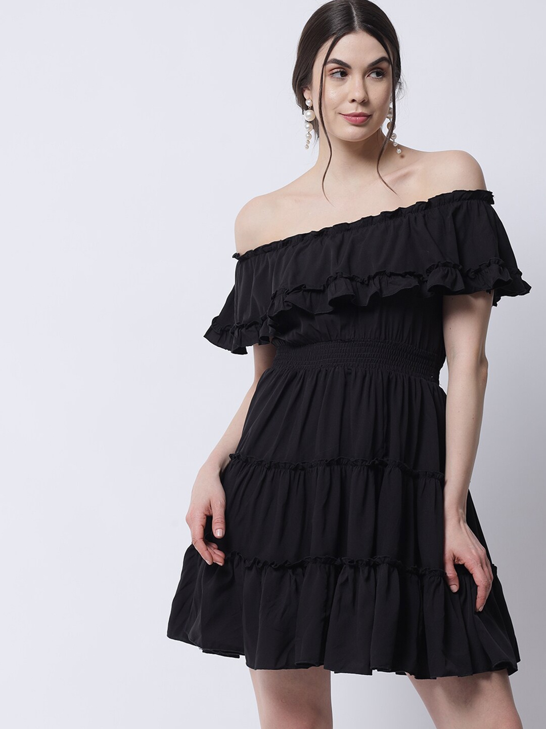 

MARC LOUIS Black Off-Shoulder Ruffled Crepe Mini Dress