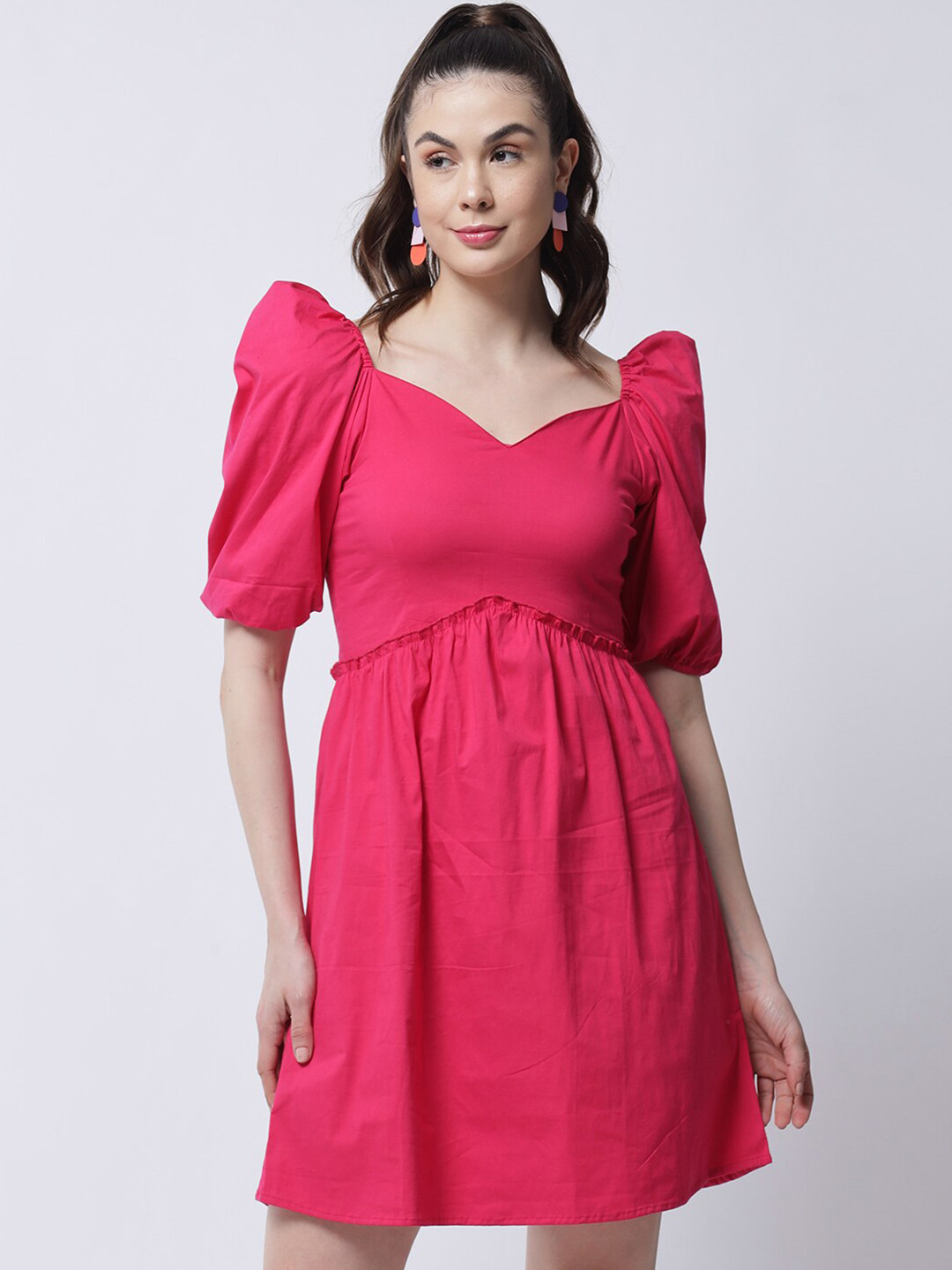 

MARC LOUIS Women Pink Solid Sweetheart Neck Cotton Fit & Flare Dress