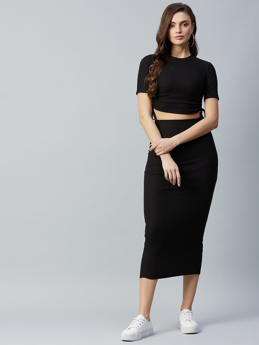 

DELAN Black Solid Crop Top with Skirt