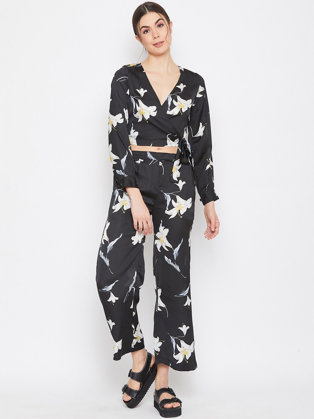 

DELAN Black & White Floral Printed Crop Top with Trousers