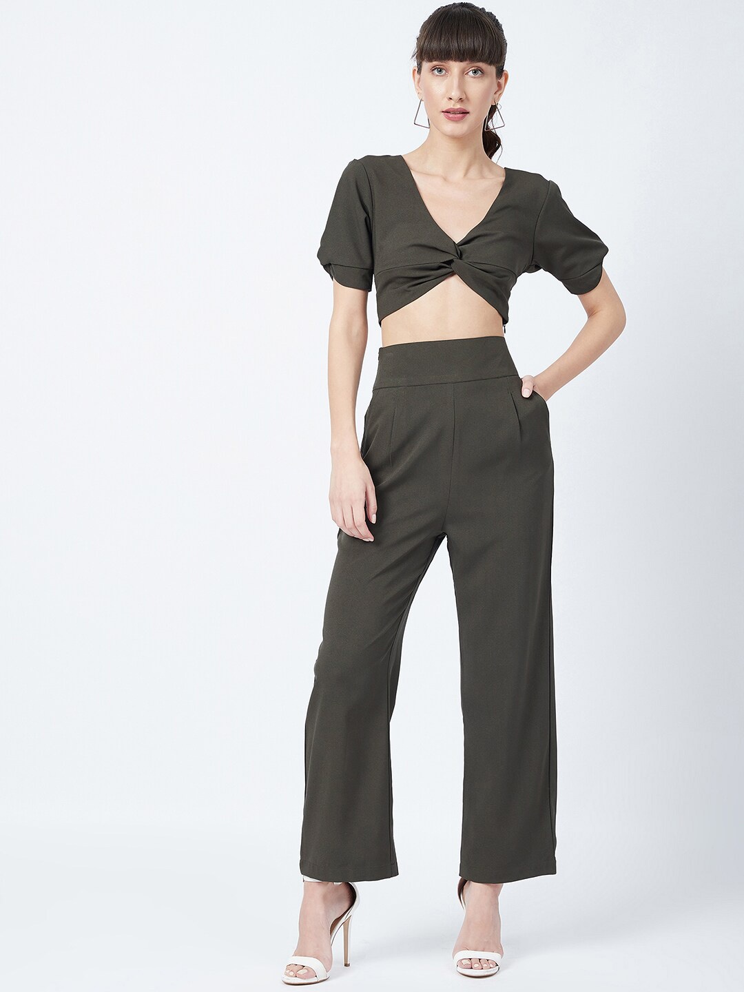 

DELAN Olive Green Solid Crop Top with Trousers