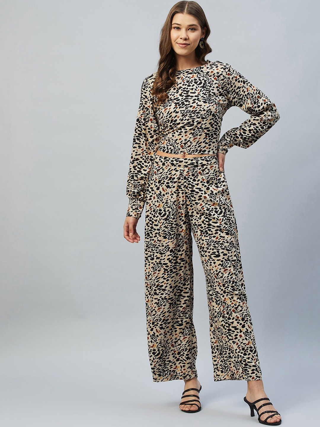 

DELAN Beige & Black Printed Top with Trousers