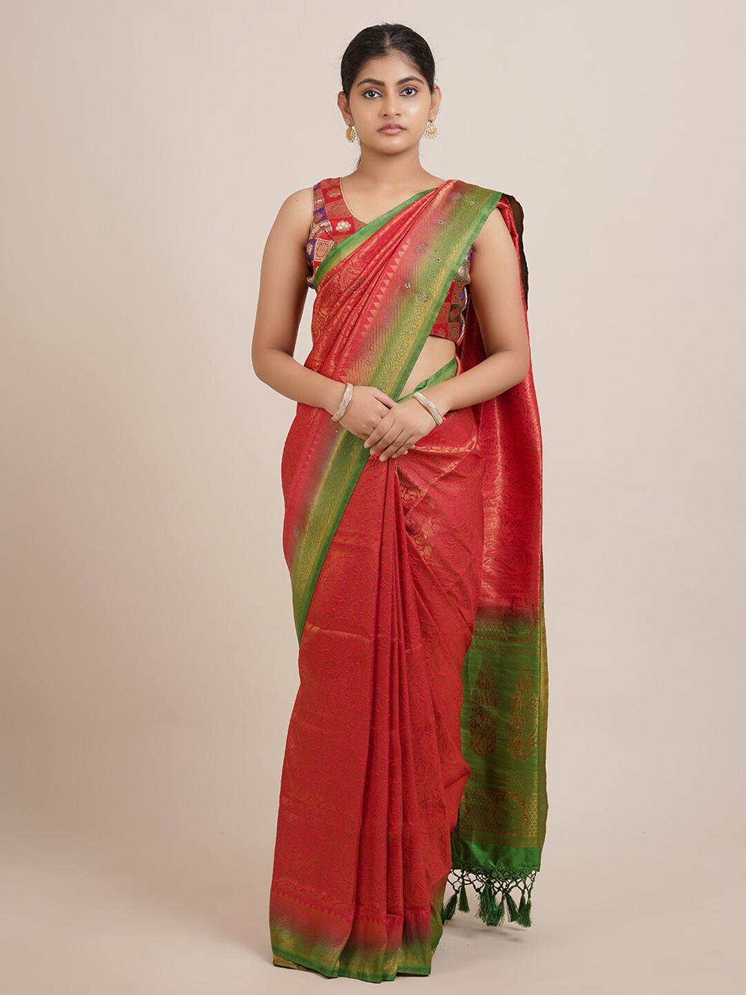 

Pothys Red & Green Ethnic Motifs Zari Jute Silk Saree