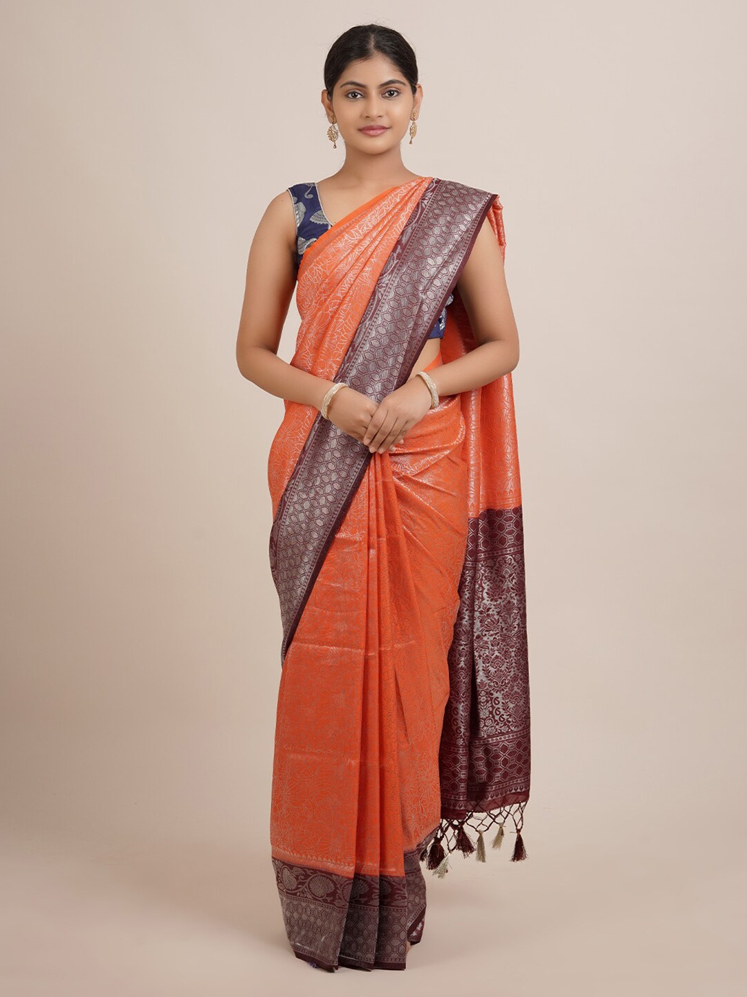 

Pothys Orange & Maroon Ethnic Motifs Jute Silk Saree
