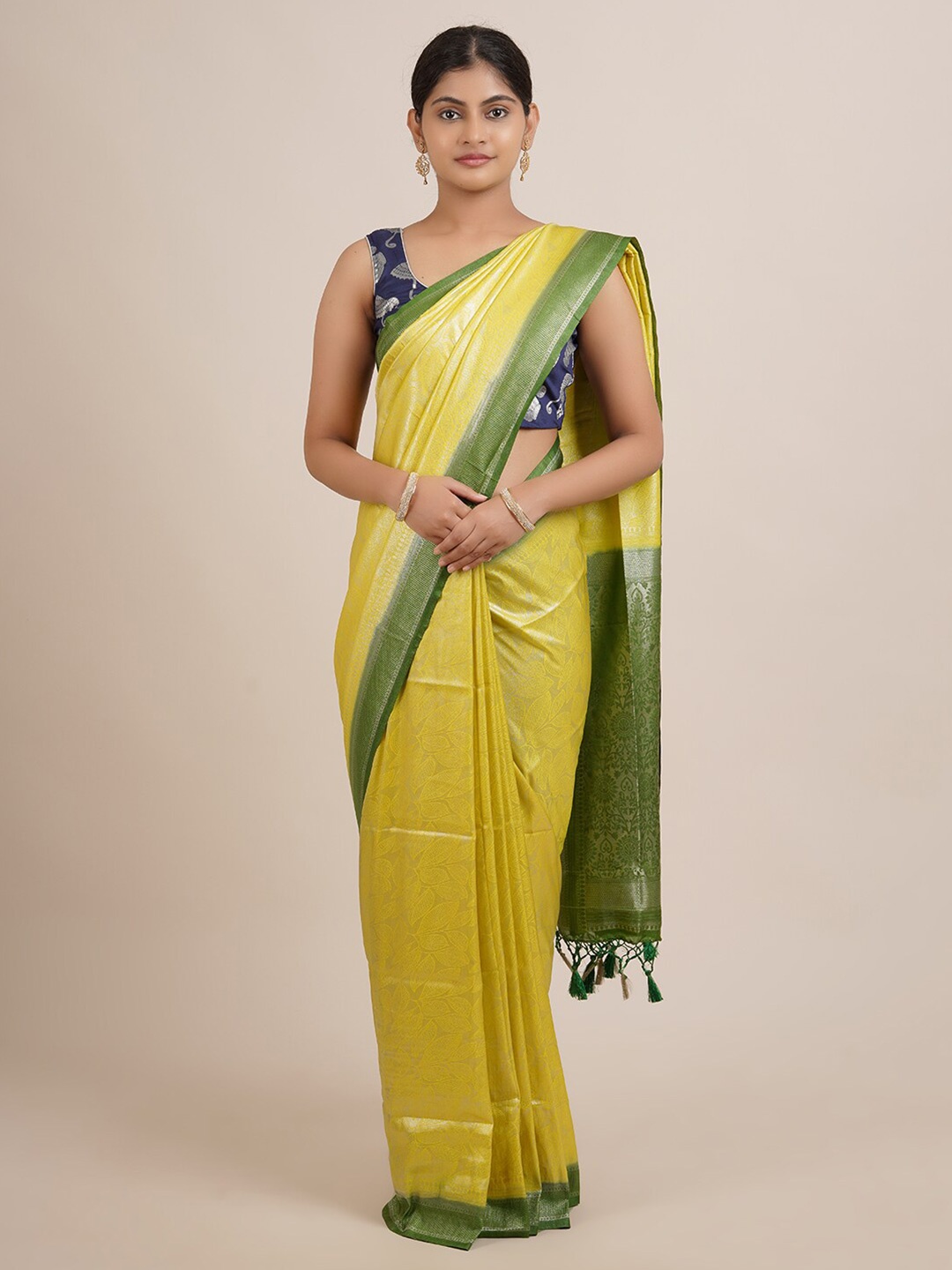 

Pothys Yellow & Green Ethnic Motifs Zari Jute Silk Saree