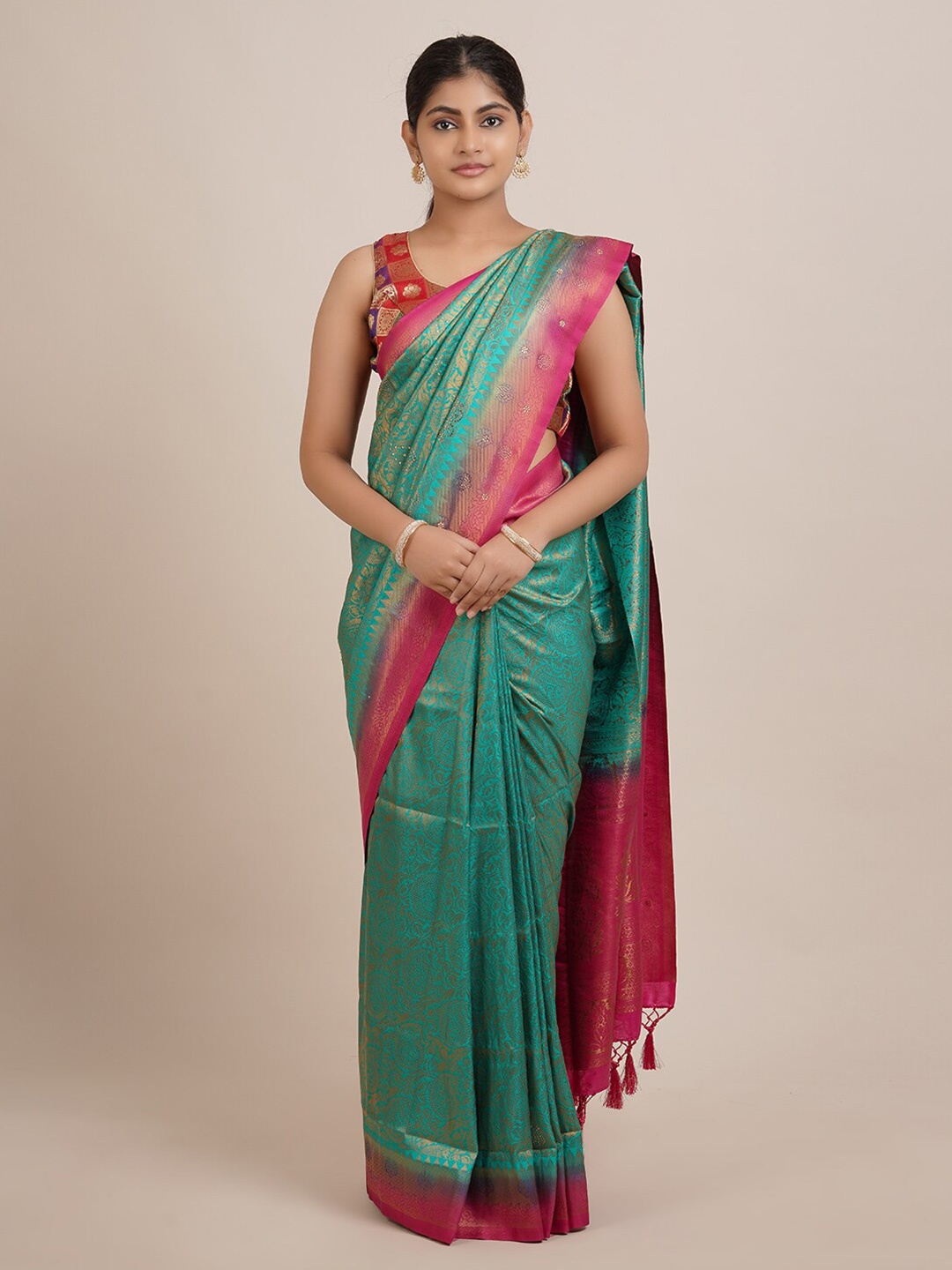 

Pothys Green & Pink Ethnic Motifs Jute Silk Saree