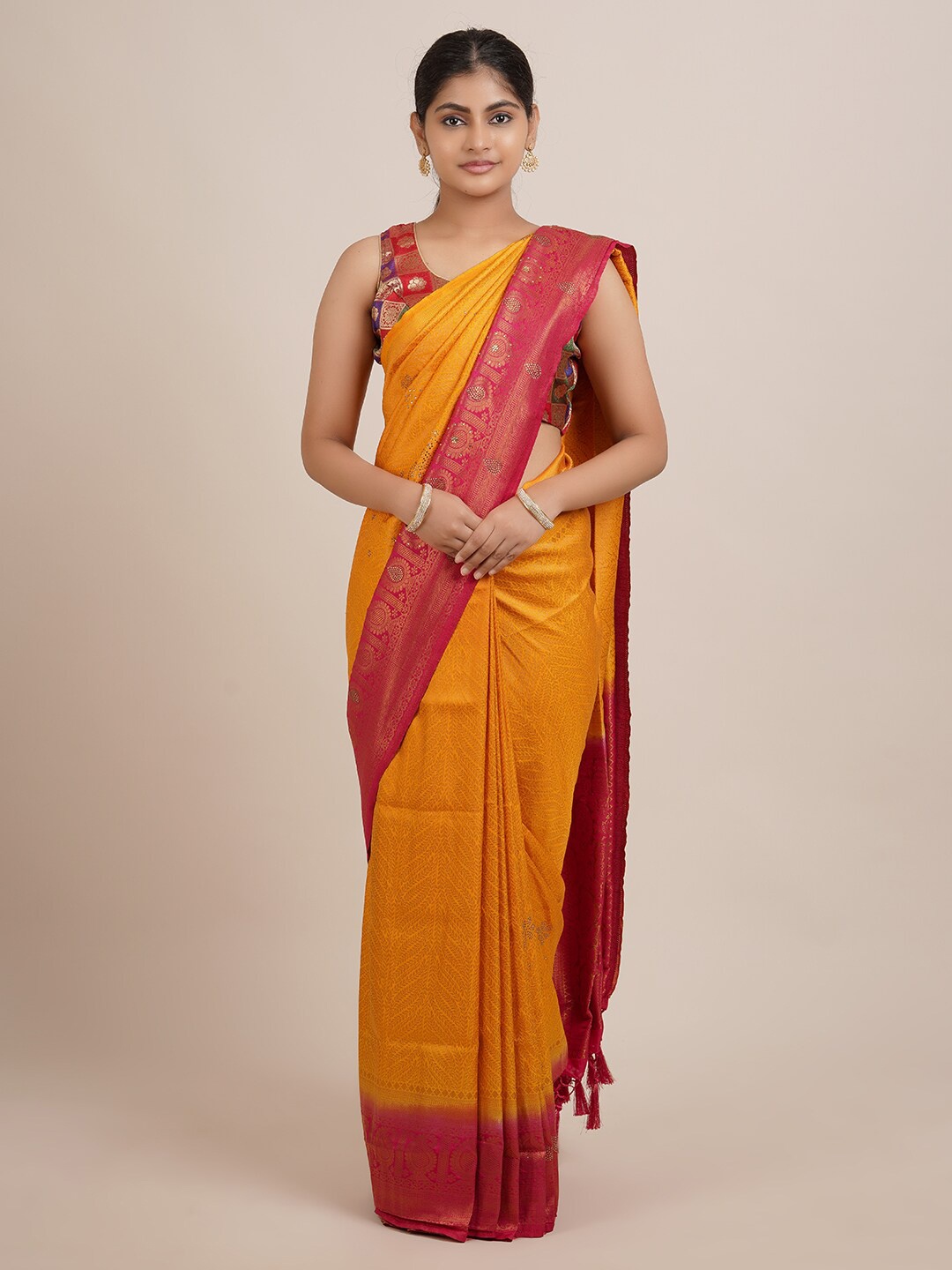 

Pothys Orange & Red Woven Design Zari Jute Silk Saree