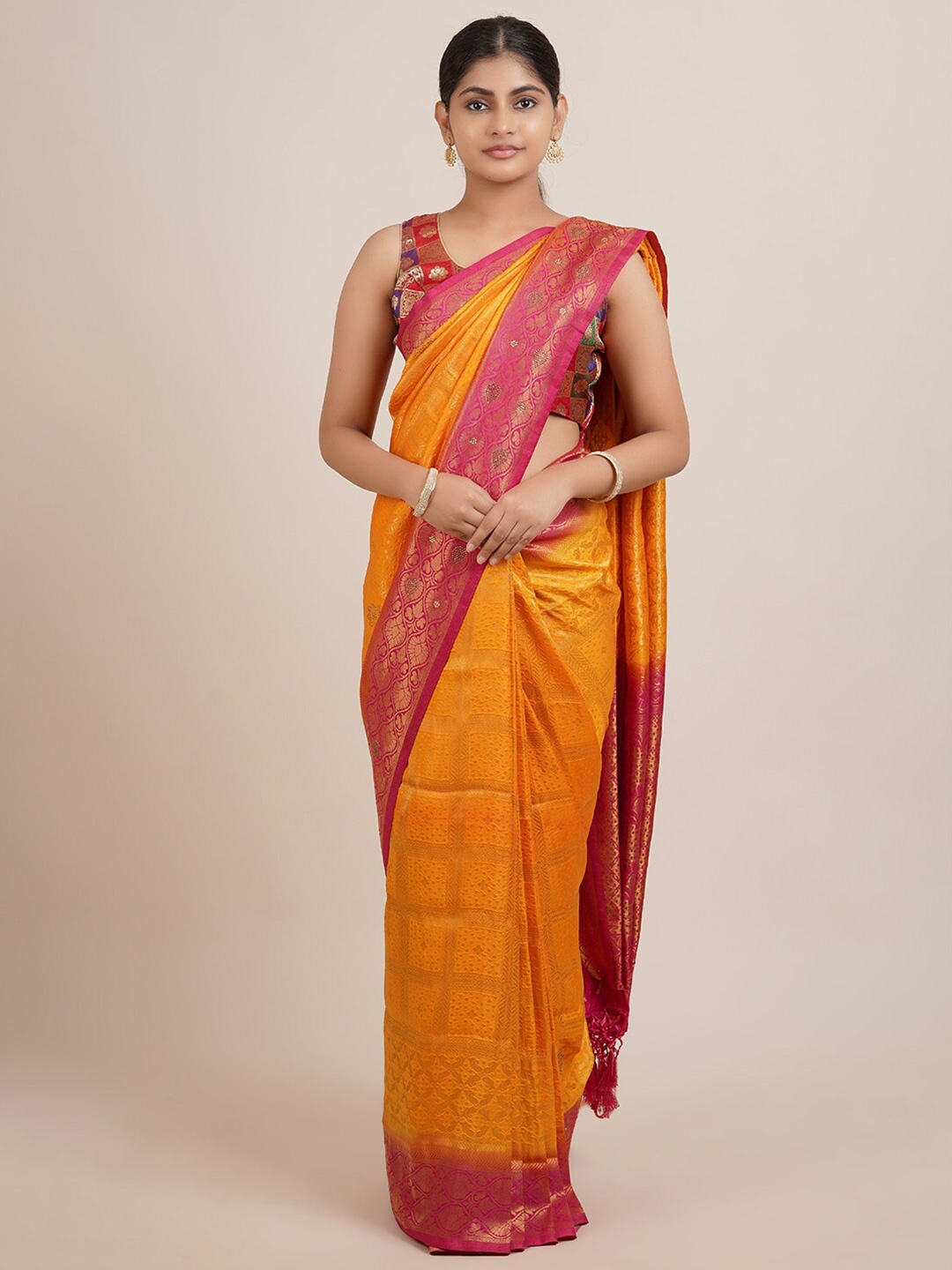 

Pothys Orange & Pink Woven Design Zari Jute Silk Saree