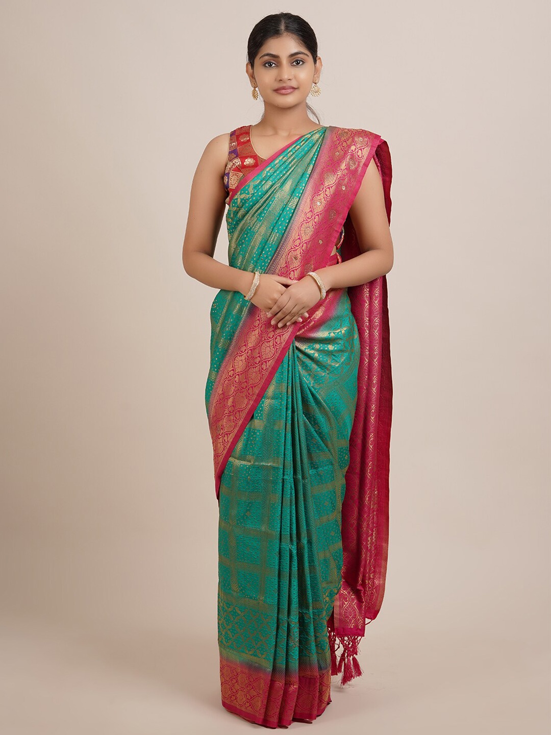 

Pothys Green Ethnic Motifs Woven Design Jute Silk Saree