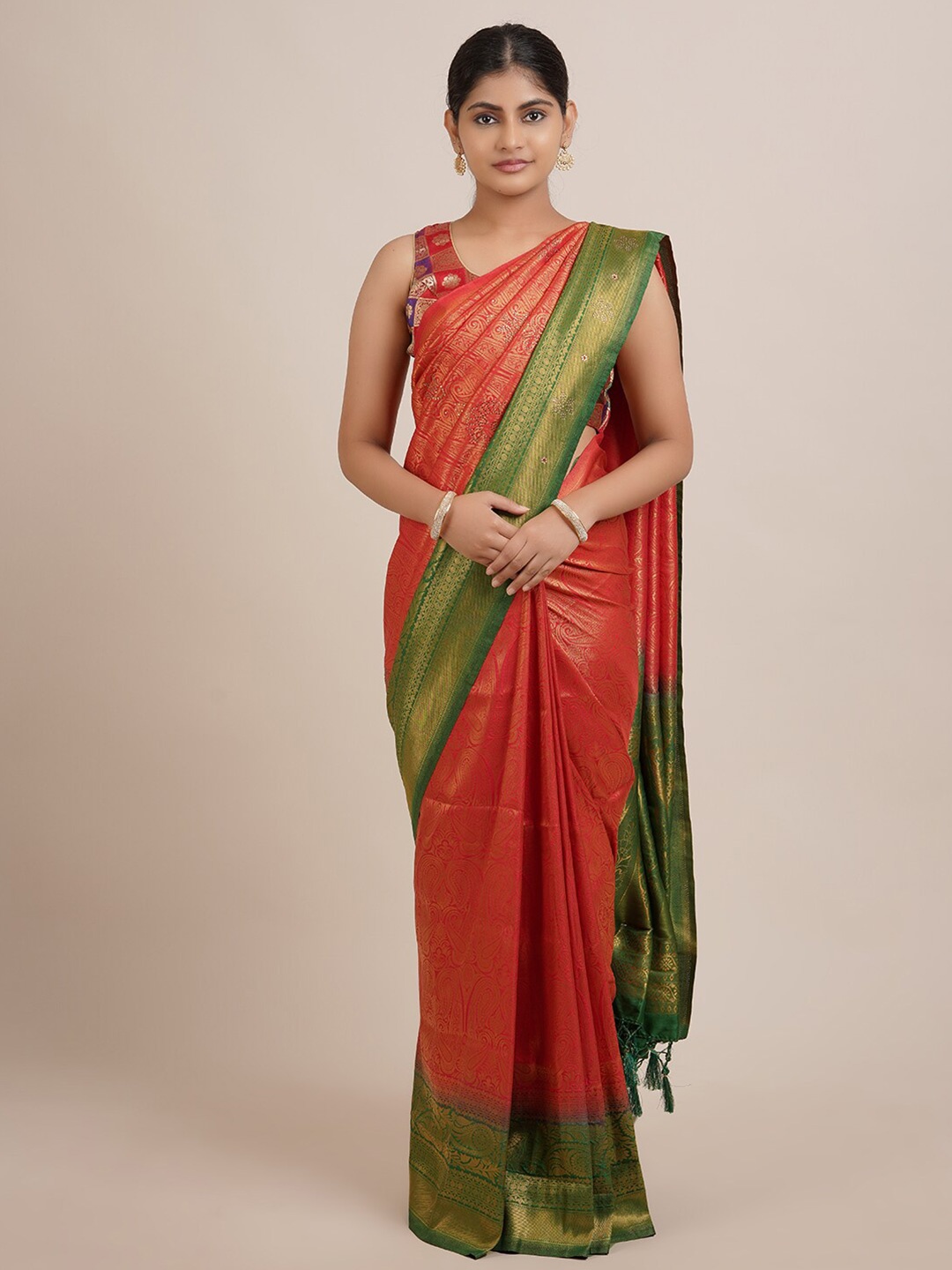 

Pothys Red & Green Woven Design Zari Jute Silk Saree