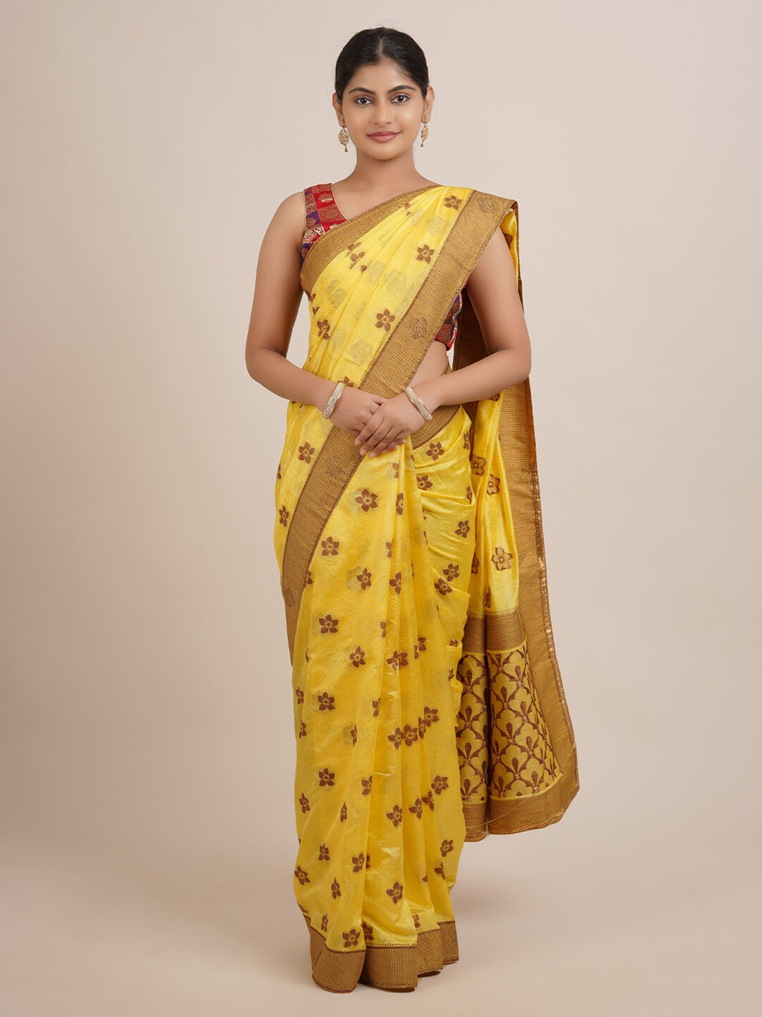 

Pothys Yellow & Brown Woven Design Zari Jute Silk Saree