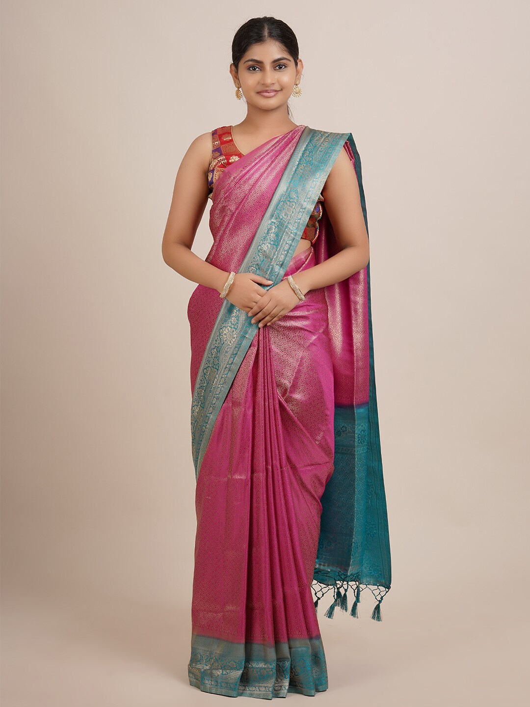 

Pothys Pink & Blue Woven Design Zari Jute Silk Saree