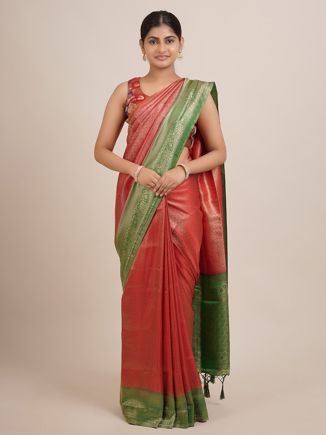

Pothys Red & Red Ethnic Motifs Zari Jute Silk Saree