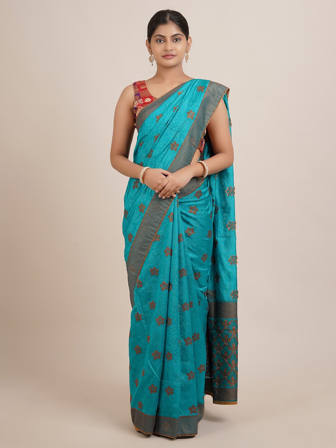 

Pothys Blue & Brown Ethnic Motifs Jute Silk Saree
