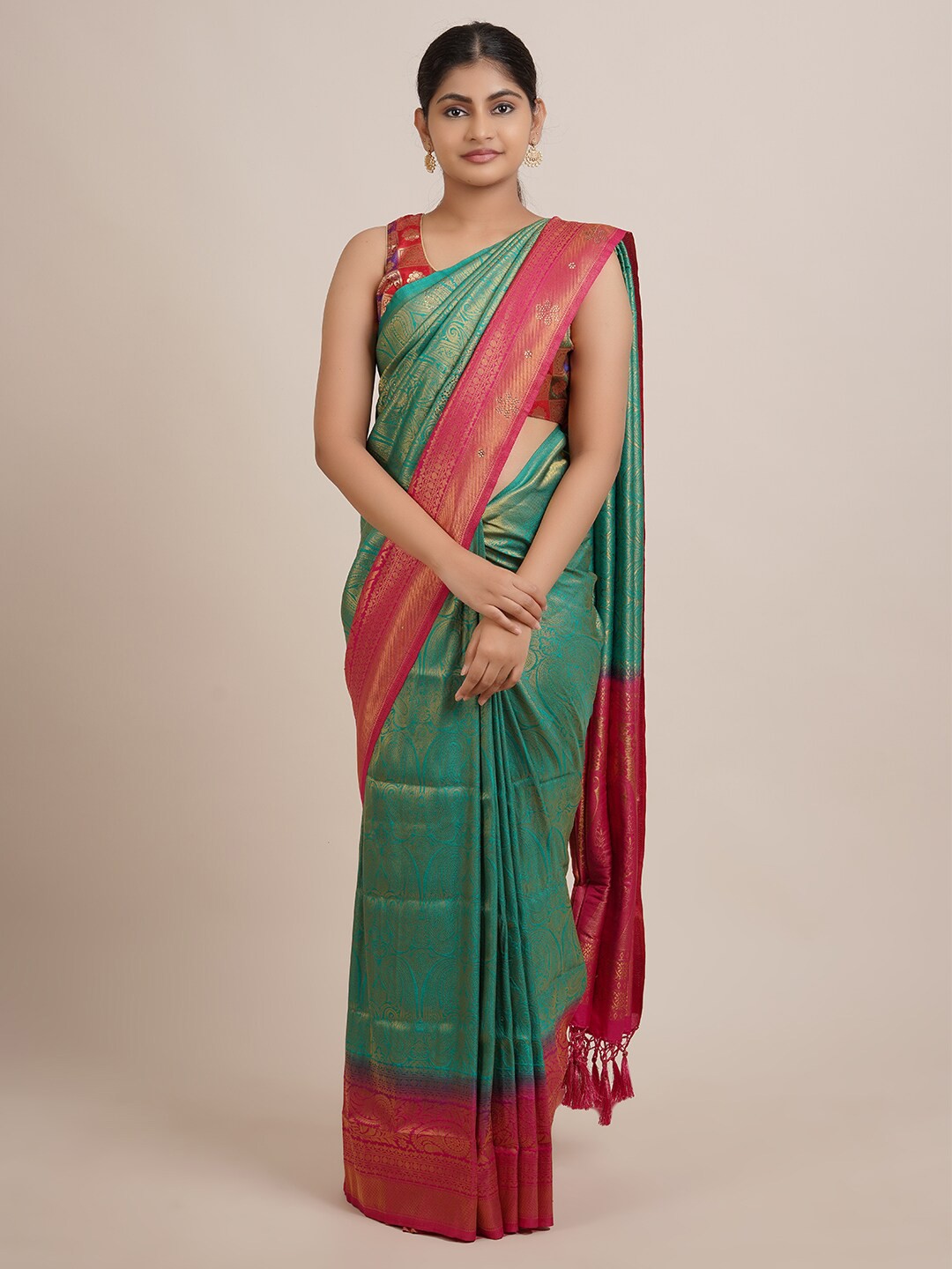 

Pothys Green & Red Woven Design Jute Silk Saree