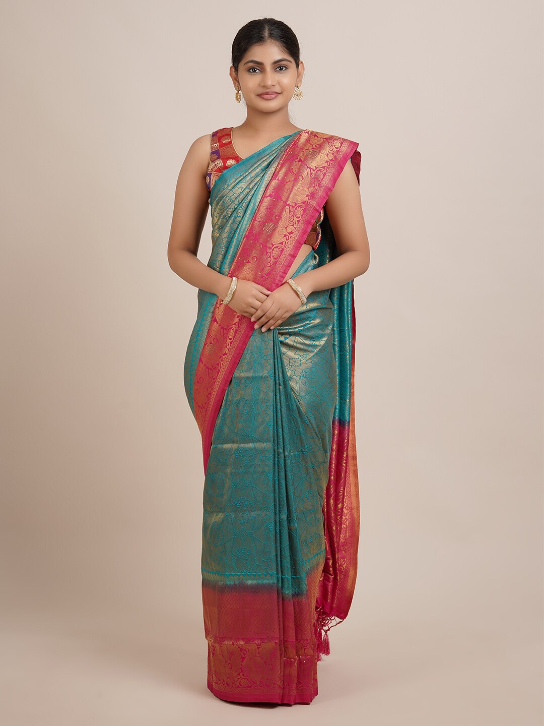 

Pothys Blue & Red Woven Design Jute Silk Saree