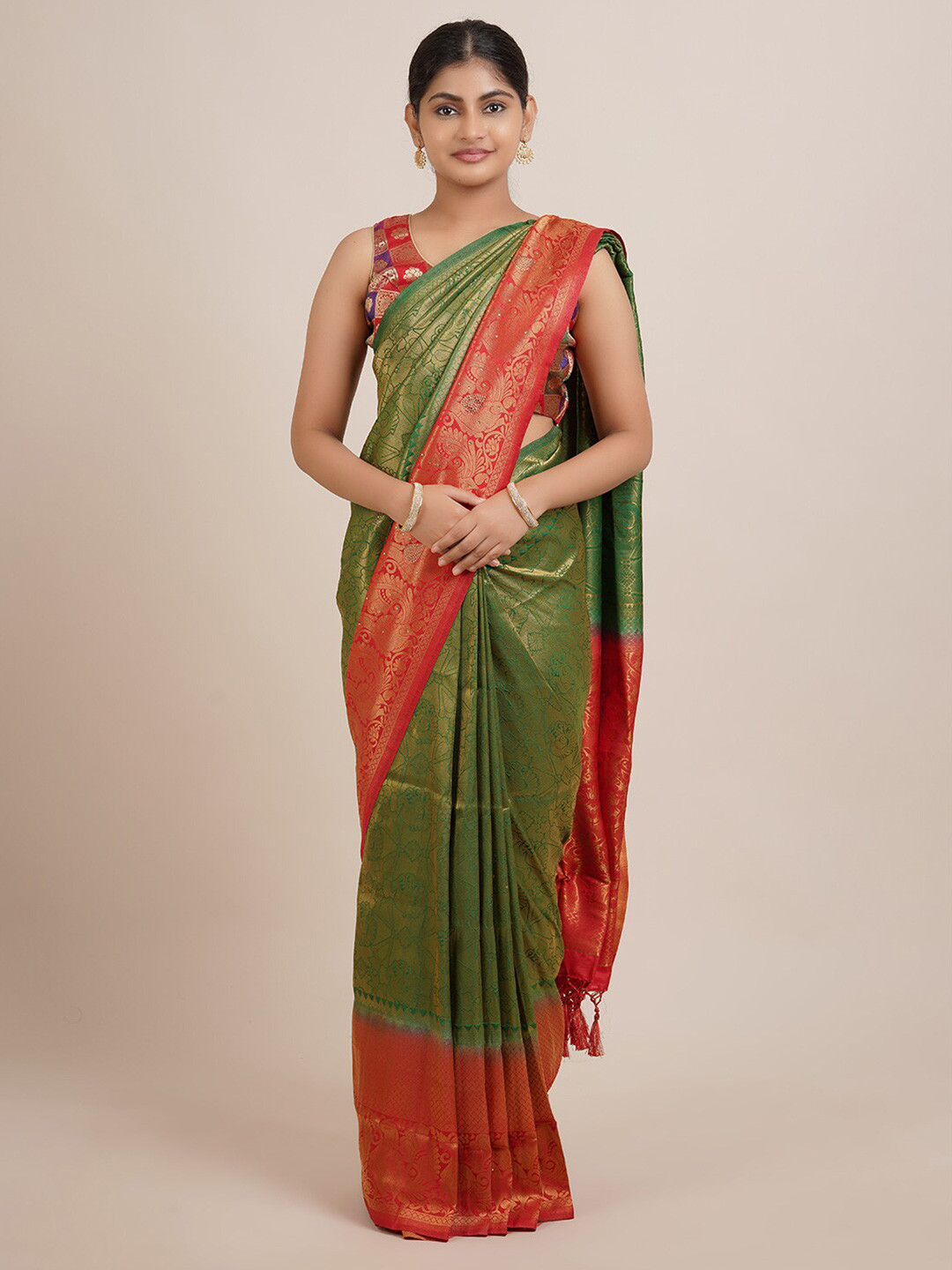 

Pothys Green & Red Ethnic Motifs Jute Silk Saree