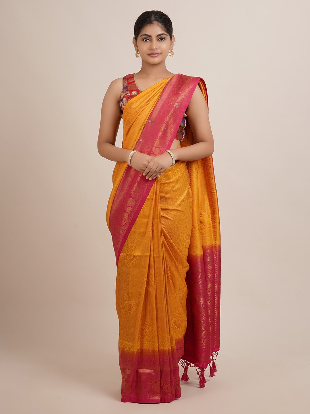 

Pothys Orange & Pink Woven Design Zari Jute Silk Saree