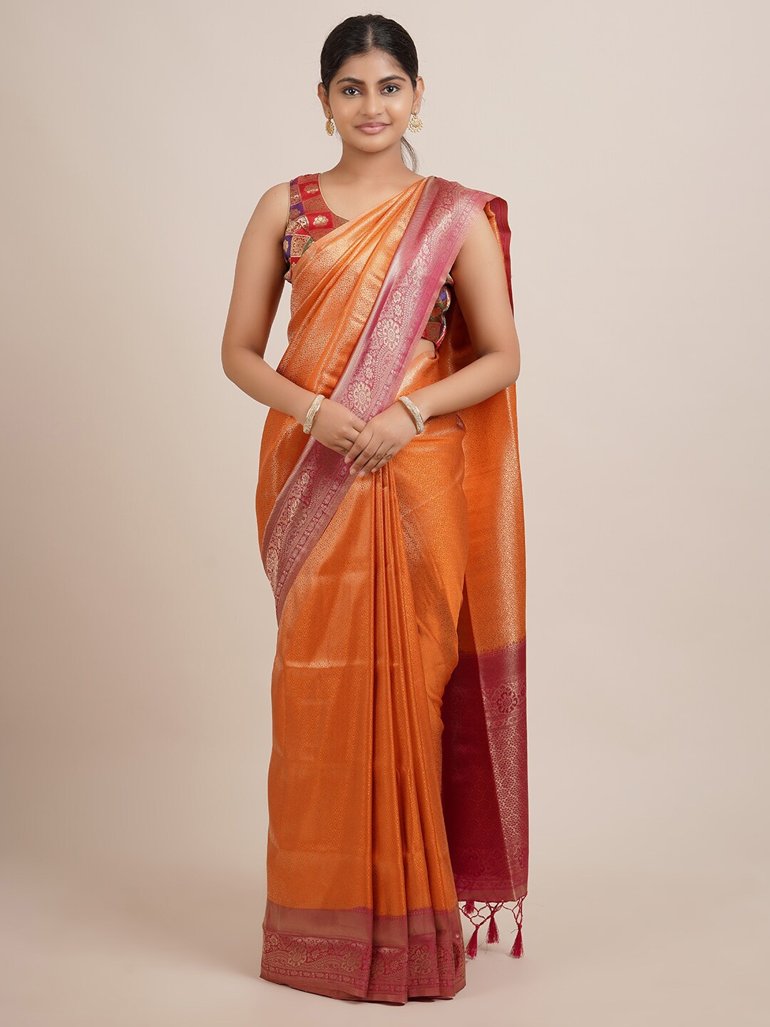 

Pothys Orange Ethnic Motifs Woven Design Jute Silk Saree