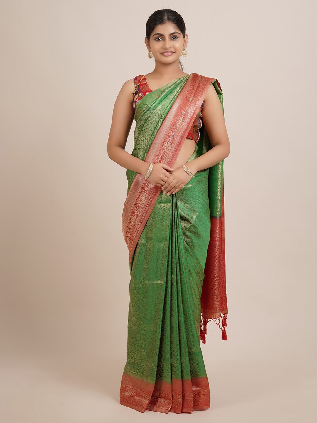 

Pothys Green & Red Woven Design Jute Silk Saree