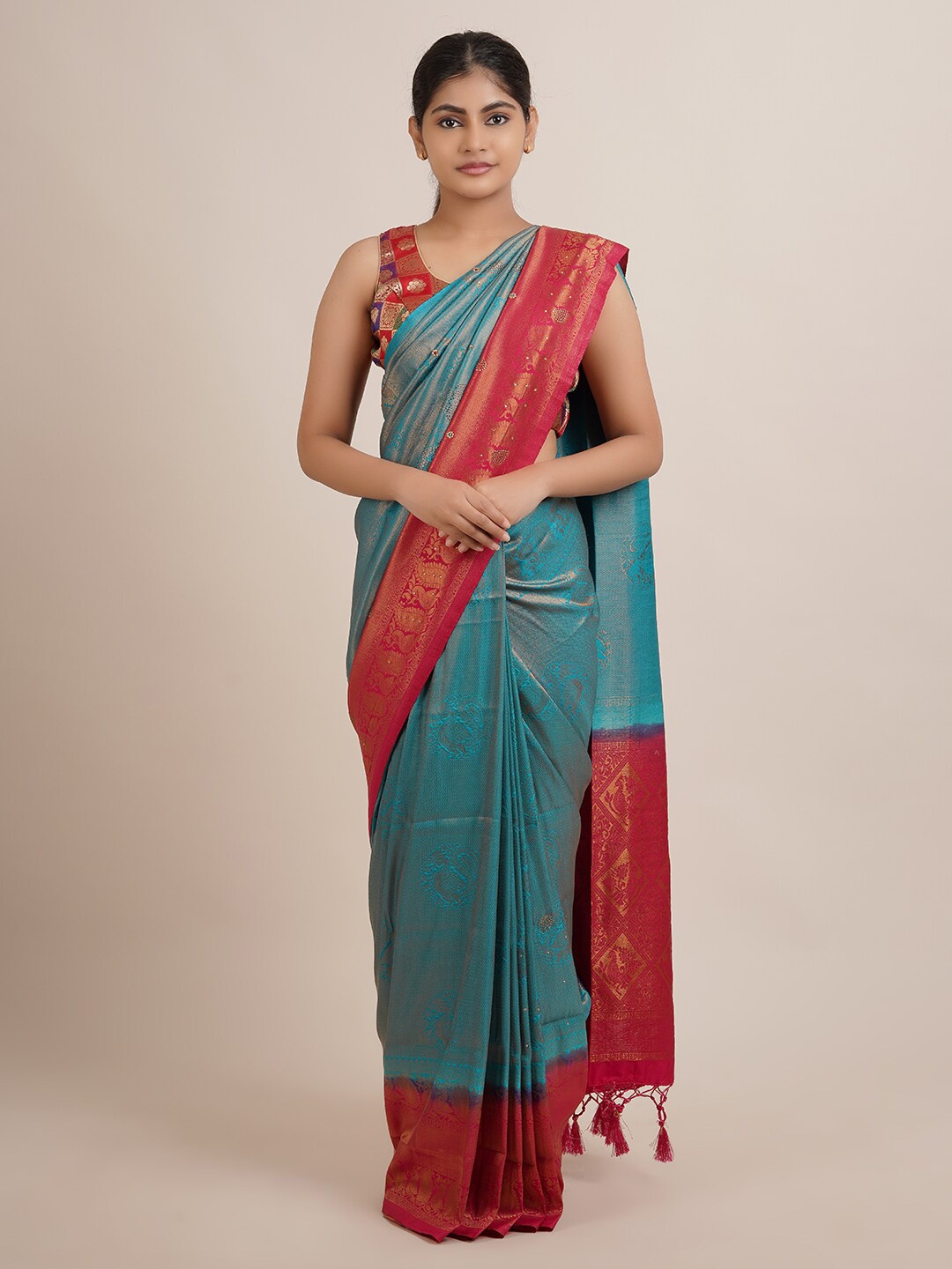 

Pothys Blue & Pink Woven Design Zari Jute Silk Saree