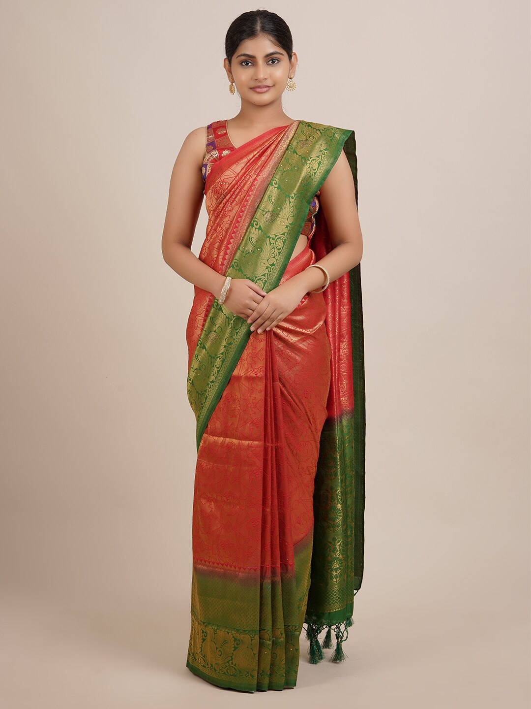 

Pothys Red & Green Woven Design Beads and Stones Jute Silk Saree