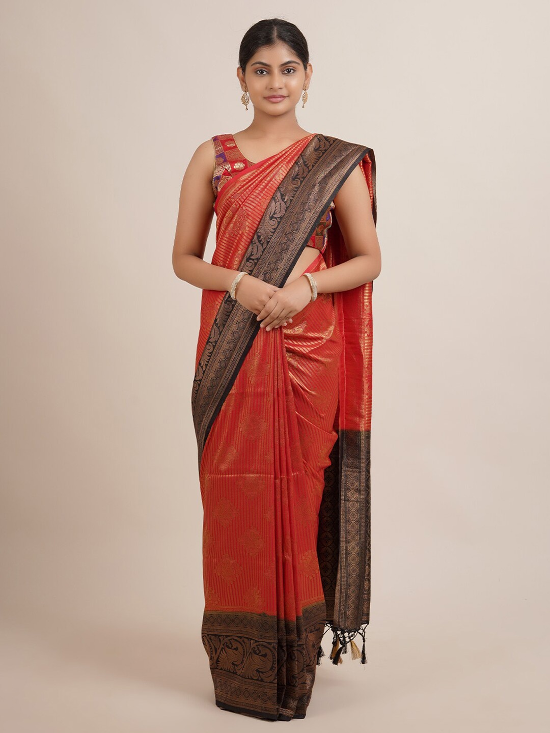 

Pothys Red & Black Woven Design Zari Jute Silk Saree