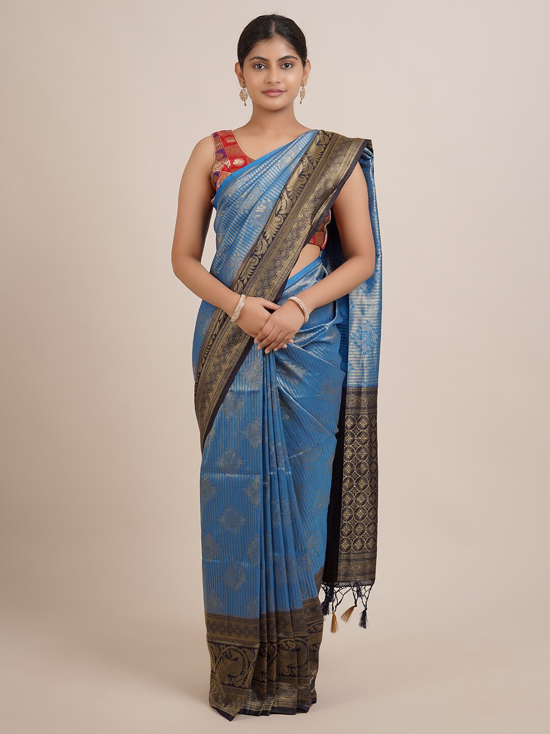 

Pothys Blue & Black Woven Design Zari Jute Silk Saree