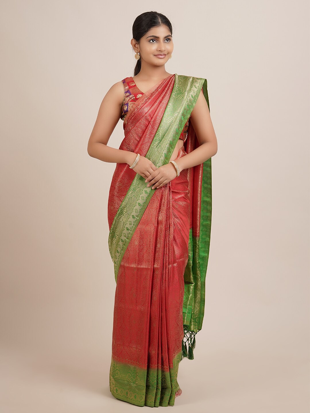 

Pothys Red & Green Woven Design Jute Silk Saree