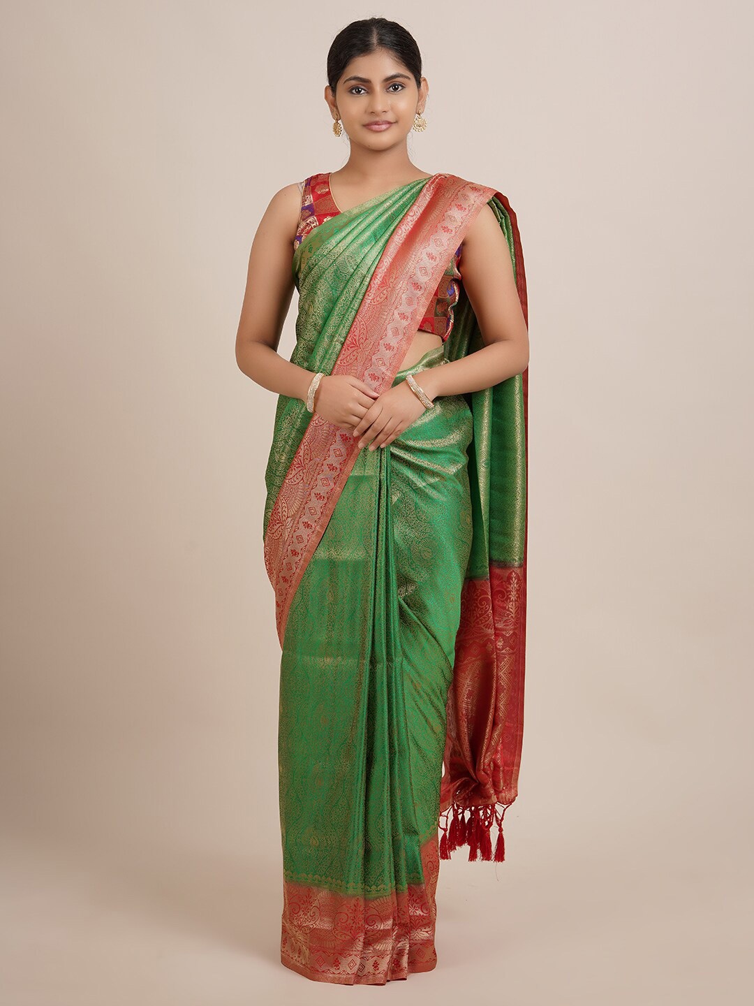 

Pothys Green & Maroon Ethnic Motifs Zari Jute Silk Saree