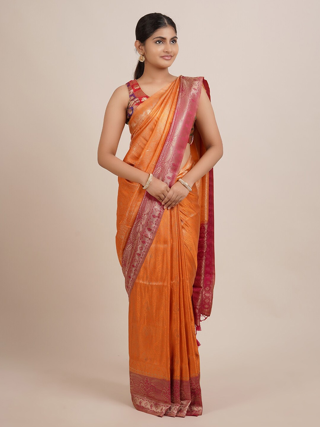 

Pothys Orange & Red Floral Jute Silk Saree