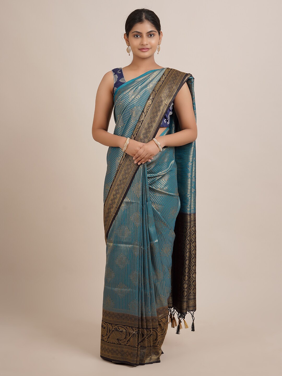 

Pothys Blue & Black Floral Zari Jute Silk Saree