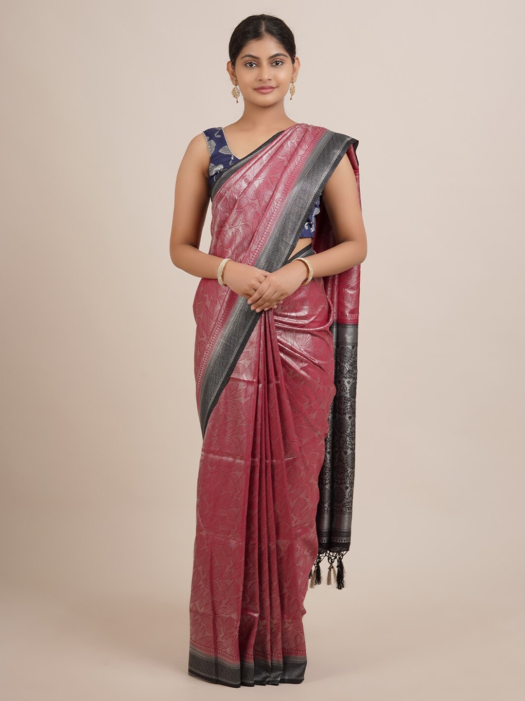 

Pothys Pink & Black Woven Design Jute Silk Saree