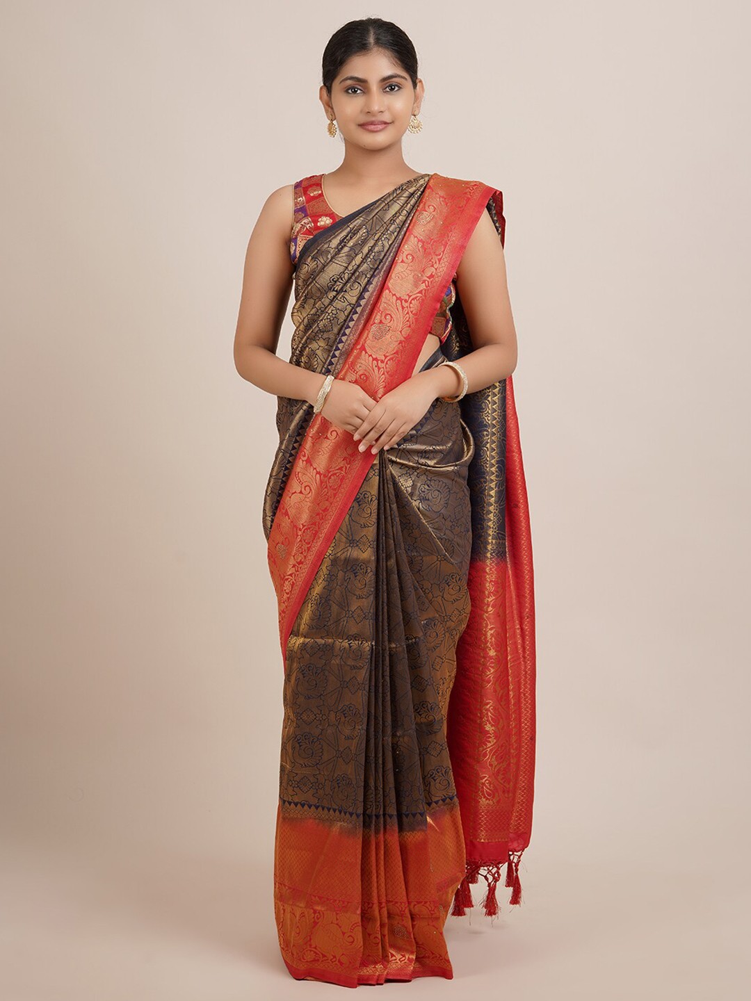 

Pothys Navy Blue & Red Woven Design Zari Jute Silk Saree