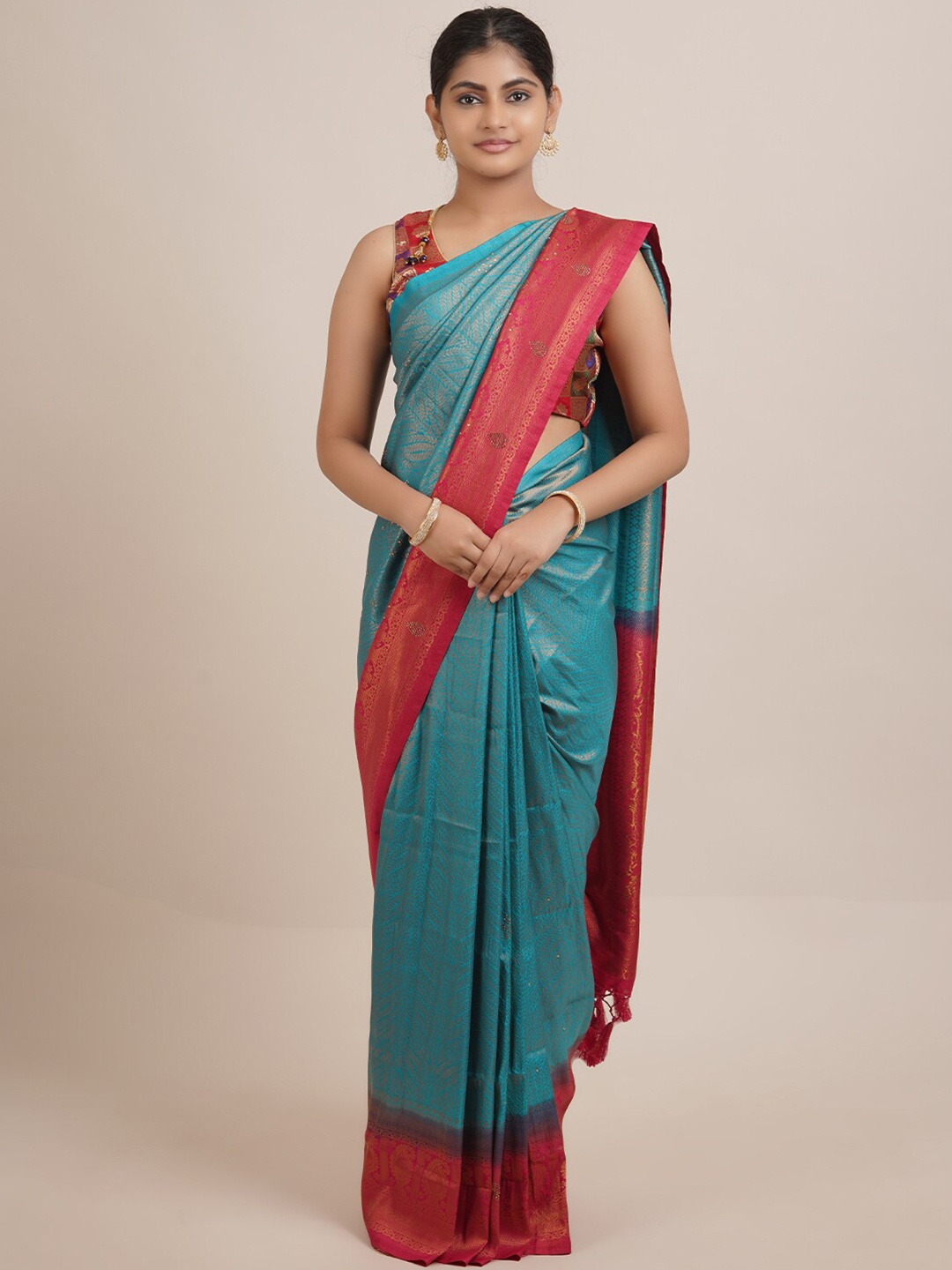 

Pothys Blue & Red Woven Design Zari Jute Silk Saree