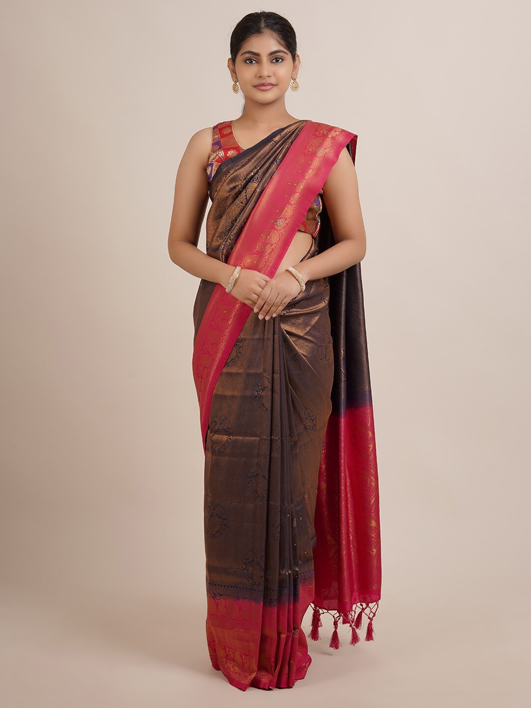 

Pothys Navy Blue & Pink Floral Zari Jute Silk Saree