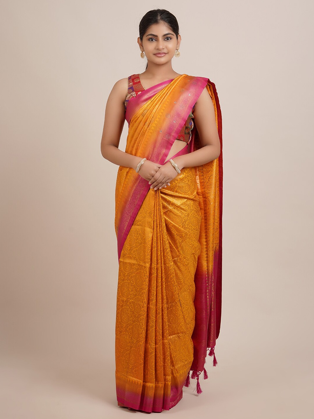 

Pothys Orange & Pink Ethnic Motifs Jute Silk Saree