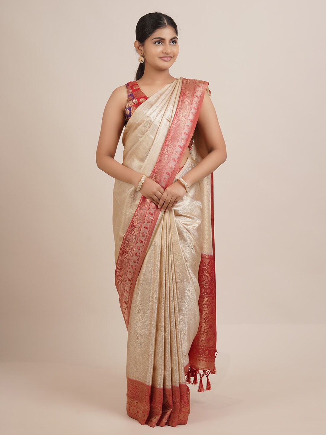 

Pothys Beige & Cream-Coloured Ethnic Motifs Zari Jute Silk Saree