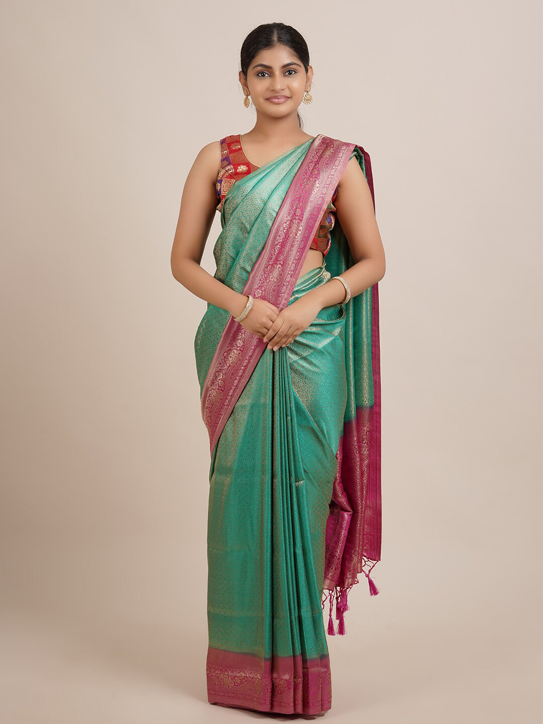 

Pothys Sea Green Ethnic Motifs Woven Design Jute Silk Saree