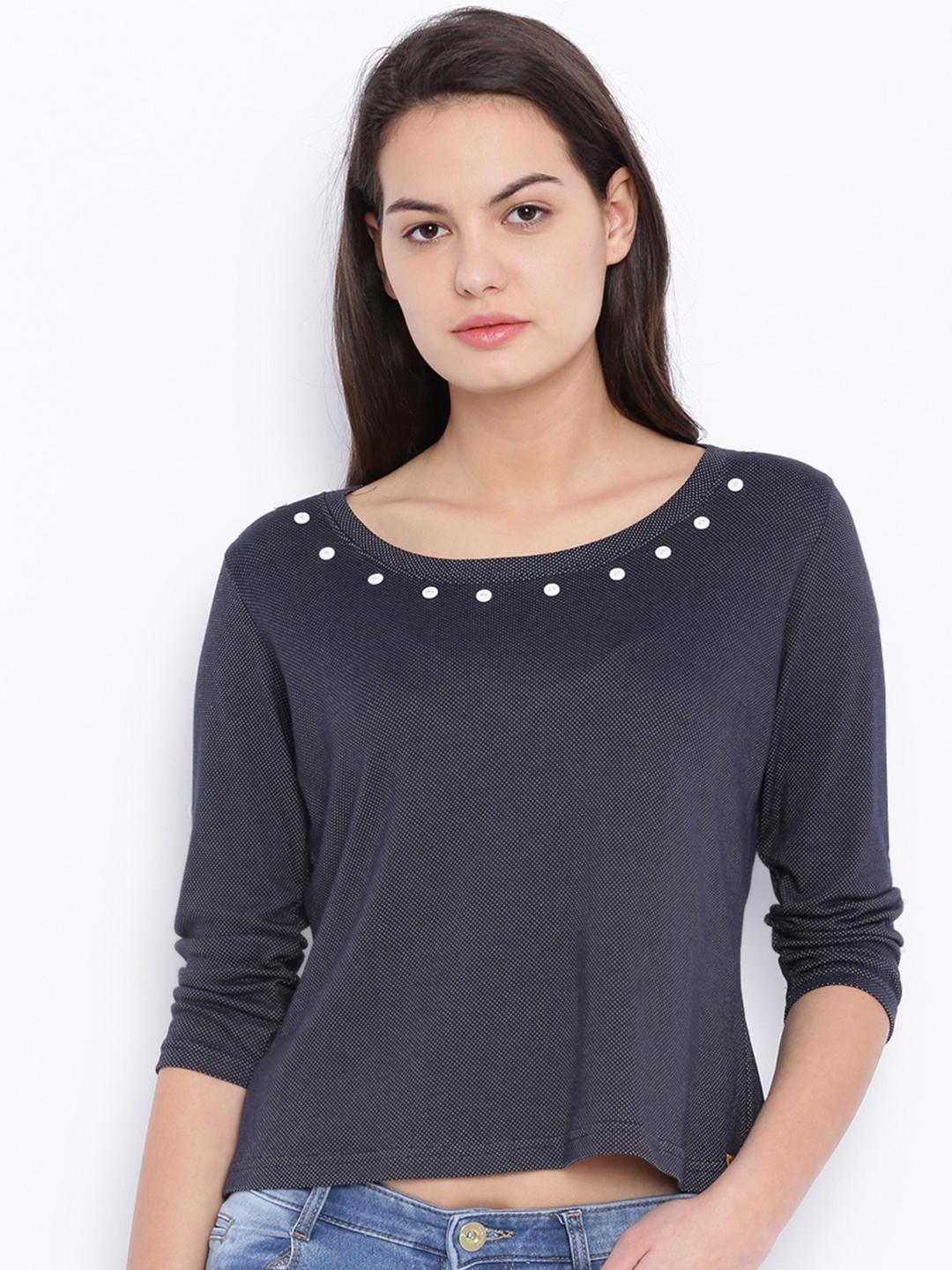 

Campus Sutra Navy Printed Pure Cotton Top, Navy blue